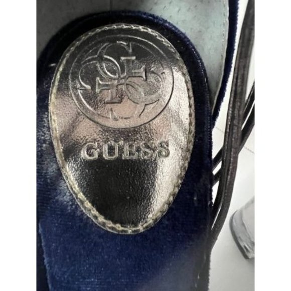 GUESS Peakabo Platform Open Toe Blue Velvet Suede & Pewter Shoes 7 M - Picture 7 of 8